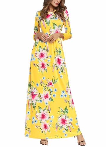 

Women Maxi Long Dress Floral Print O-Neck High Waist Boho Vintage Dresses