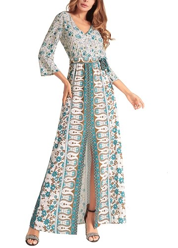 

Women Maxi Long Dress Geometric Print Split High Waist Belt Boho Elegant Dresses