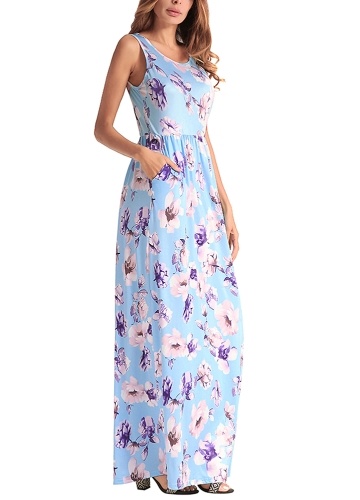 

Women Floral Long Dress Sleeveless Side Pockets Elastic Tank Maxi Dress