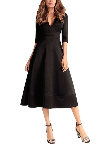 

Women Long Evening Gown Dress Satin V Neck Formal Midi Dress