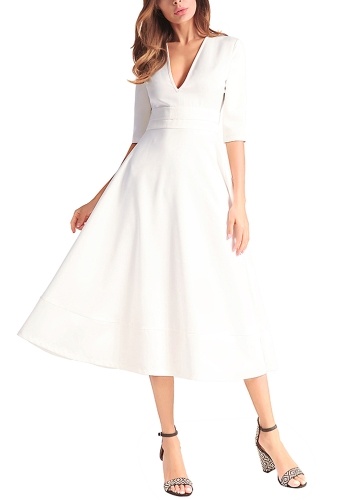 

Women Long Evening Gown Dress Satin V Neck Formal Midi Dress