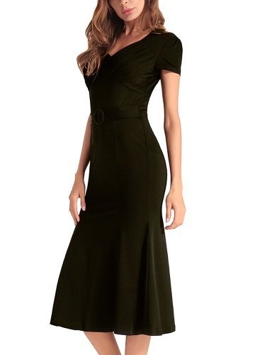 

Women Mermaid Midi Dress Ruched Button Front Solid Dress