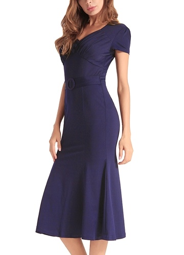 

Women Mermaid Midi Dress Ruched Button Front Solid Dress