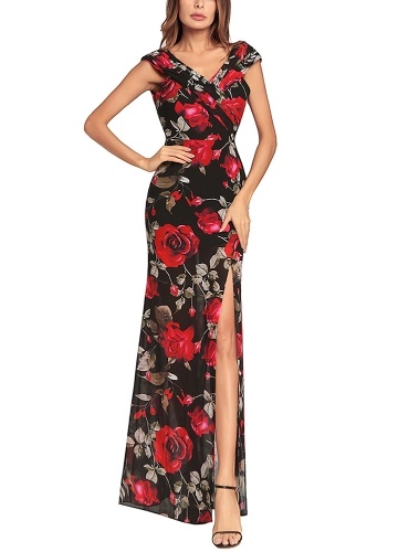 

Women Chiffon Maxi Dress Floral Print Split Cross Ruched Boho Long Dress