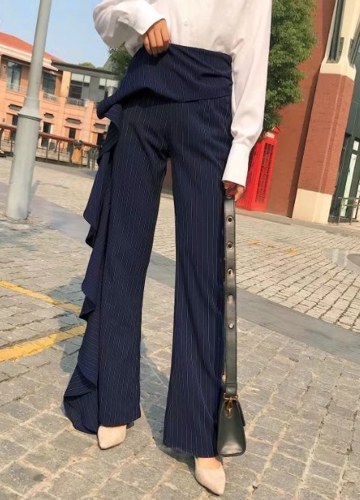 

Women Striped Flared Pants Ruffles High Waist OL Wide Leg Pants Trousers
