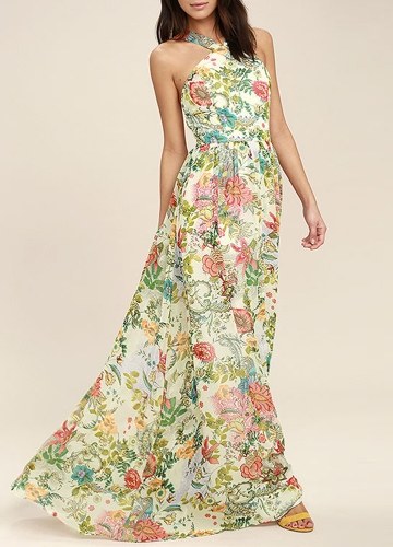 

Элегантная женская цветочная печать Maxi Dress Halter без рукавов Backless Zip Long Sundress