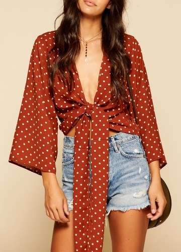 

Women Blouse Dots Print Bandage Long Sleeves Casual Crop Top Shirt