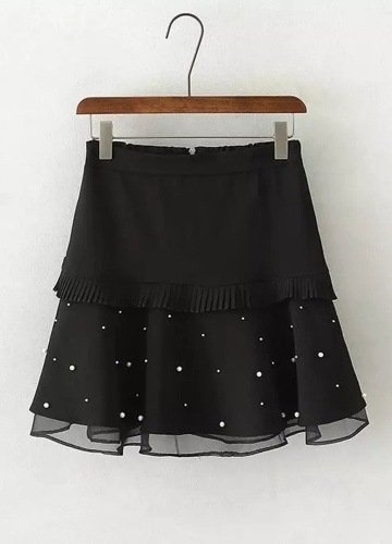 

Summer Women Mini Skirt Pearls Beads Ruffled High Waist Solid Cute Skirt