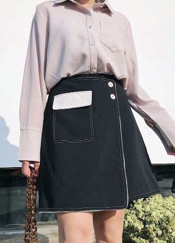 

Women Mini Skirt Color Block Asymmetric High Waist Casual Girls A-line Skirt