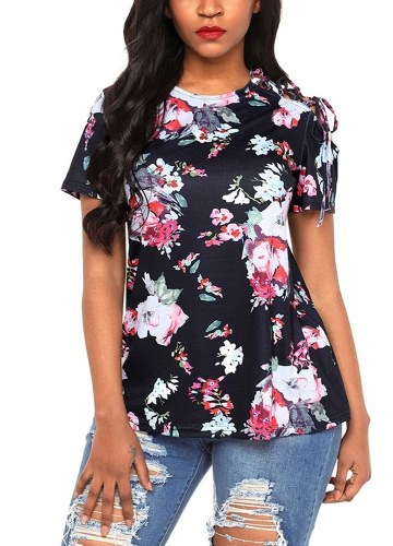 

Summer Women Basic T-Shirt Floral Print Criss Cross Lacing Up Tee Top