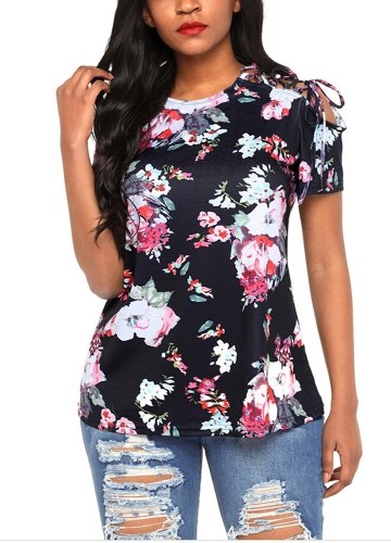 

Summer Women Basic T-Shirt Цветочная печать Criss Cross Lacing Up Tee Top