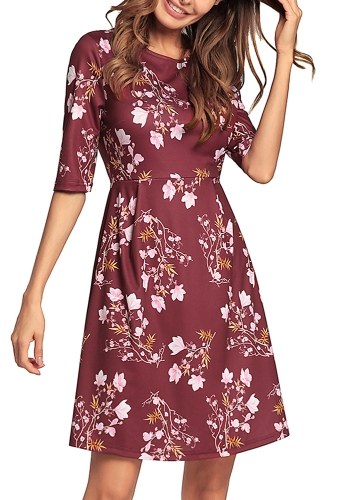 

Women Floral A-Line Dress O-Neck Half Sleeve Vintage Midi Dress