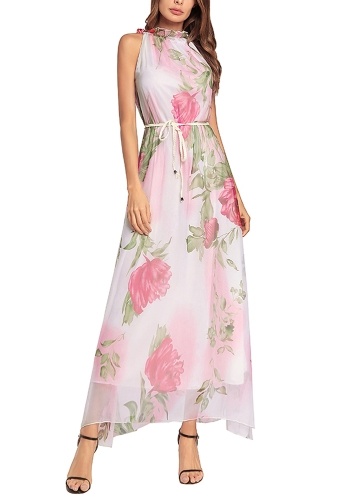 

Women Chiffon Maxi Dress Floral Print Sleeveless Belt Sundress Beach Long Dress