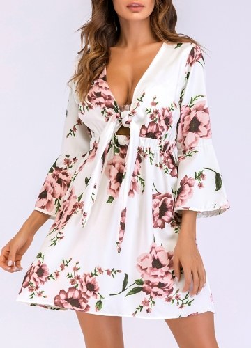 

Women Floral Print Dress Flare Sleeves Bandage Elastic Waist Party A-Line Dresses