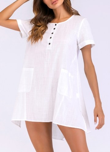 

Women Mini Loose Dress Short Sleeves O-Neck Split Pocket Sexy Shirt Dresses