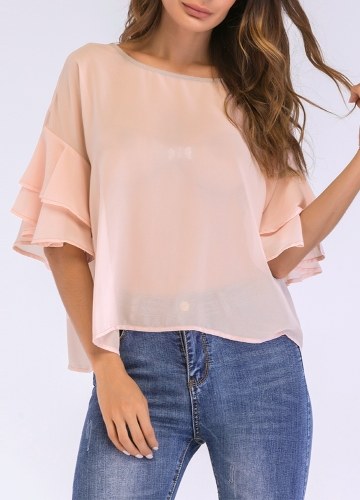 

Women Chiffon Blouse Solid Color Ruffled Flare Sleeve Casual Shirt T-Shirt Tops