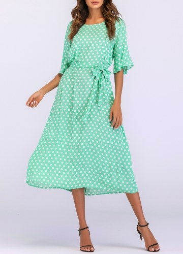 

Женщины Polka Dot Print Свободное платье Tie Waist Beach Bohemian Long Dress