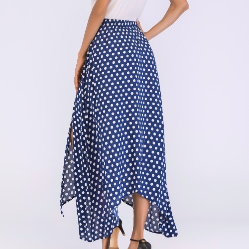 Vintage Women High Waist Polka Dot Maxi Dress Side Slit Asymmetric Hem Summer Retro Long Skirt 