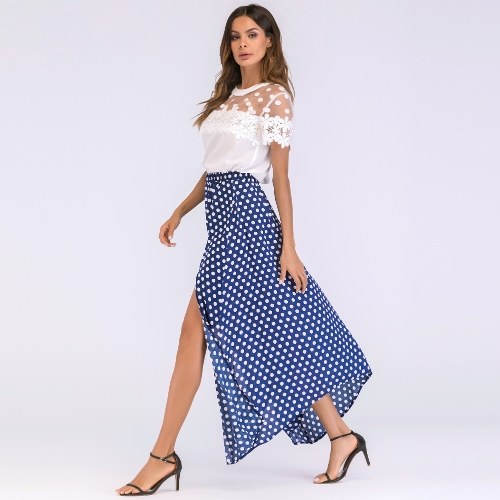 Vintage Women High Waist Polka Dot Maxi Dress Side Slit Asymmetric Hem Summer Retro Long Skirt 