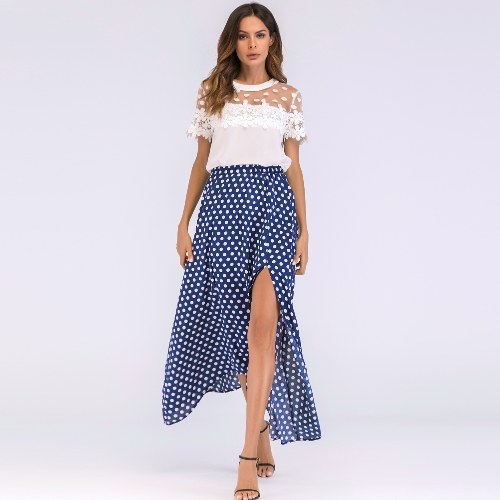 Vintage Women High Waist Polka Dot Maxi Dress Side Slit Asymmetric Hem Summer Retro Long Skirt 