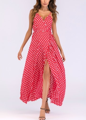 

Women Dot Print Maxi Dress High Split Spaghetti Strap Beach Long Dress