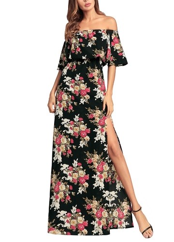

Women Maxi Chiffon Dress Floral Print High Split Sundress Beach Long Dress