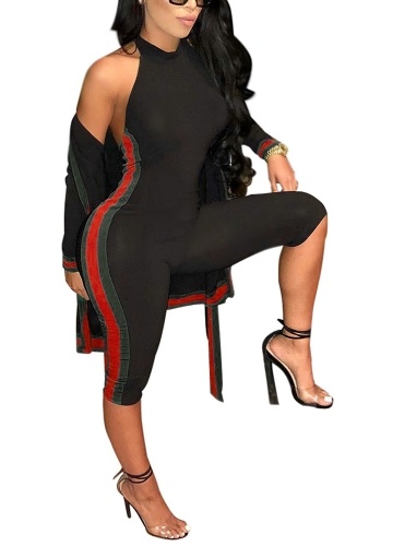 

Cardigan Contrast Stripes High Neck Sleeveless Two Piece Set Jumpsuit
