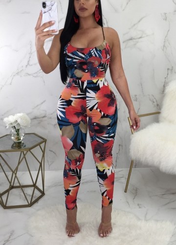 

Colorful Floral Print Cross Lace Up Bandage Sleeveless Bodycon Jumpsuit