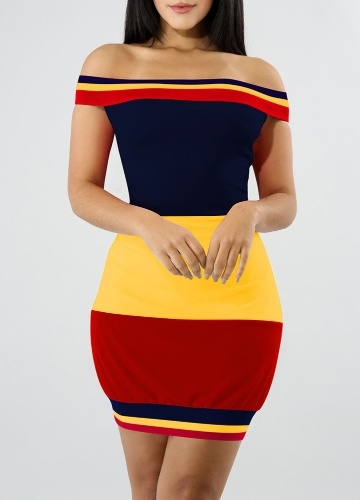 

Off the Shoulder Color Splice Bodycon Mini Dress