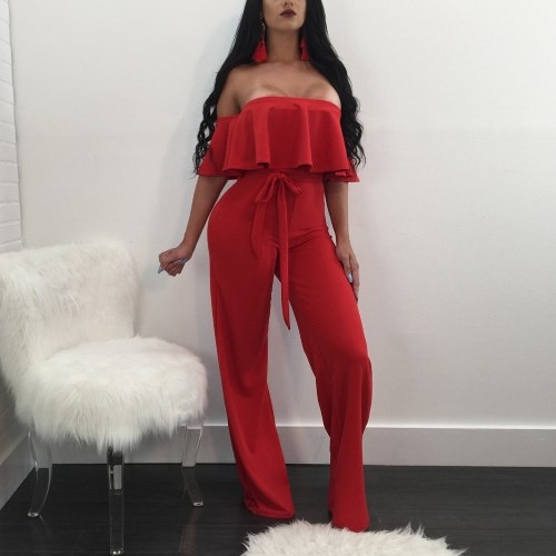 

Off the Shoulder Wide Leg Ruffles Half Sleeves Waist Strap Casual Playsuit