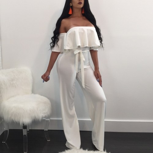 

Off the Shoulder Wide Leg Ruffles Half Sleeves Waist Strap Casual Playsuit