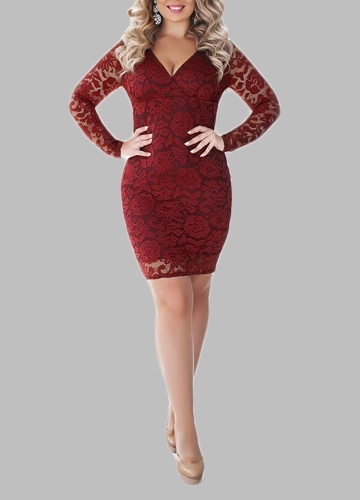 

Плюс Размер Кружева Глубокий V Шея с длинным рукавом Бинты Bodycon Midi Dress