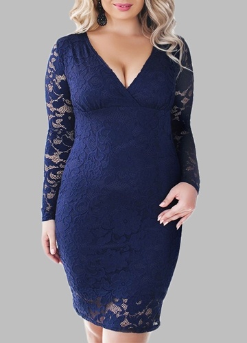 

Plus Size Lace Deep V Neck Long Sleeve Bandage Bodycon Midi Dress