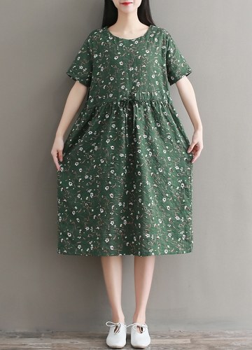 

Women Floral Print Short Sleeve Dress Drawstring Waist Cotton Linen Midi Dress