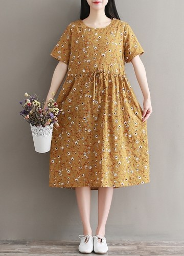 

Women Floral Print Short Sleeve Dress Drawstring Waist Cotton Linen Midi Dress