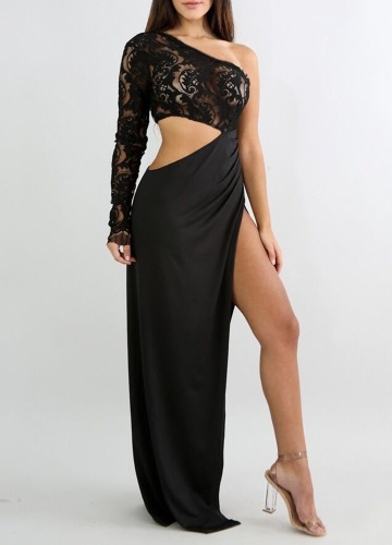 

Women Long Dress Lace Top One Shoulder High Slit Open Side