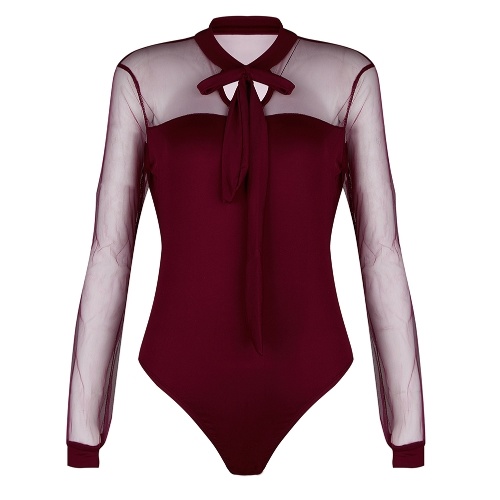 Women Sheer Mesh Jumpsuit Long Sleeves Bowknot Slim Romper Body Suits
