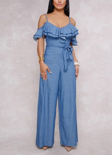 

Women Ruffles Cold Shoulder Jumpsuit Sashes Zipper Wide Leg Pants Suspenders Rompers