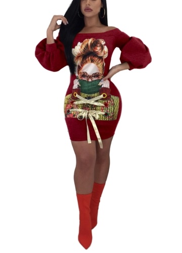 

Women Bodycon Dress Character Print Ribbon Lantern Sleeve