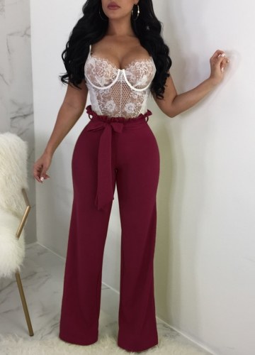 

Женщины Тонкие брюки Широкие ноги Ruffle пояса Zip сплошной цвет Bodycon Брюки