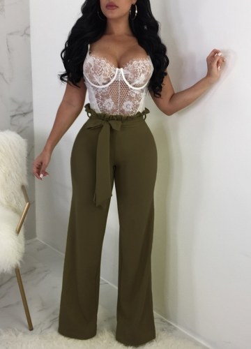 

Women Slim Trousers Wide Leg Ruffle Belt Zip Solid Color Bodycon Pants