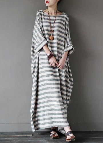

New Fashion Women Casual Loose Dress Striped Print Batwing Sleeve Cotton Robe Maxi Long Dress Grey