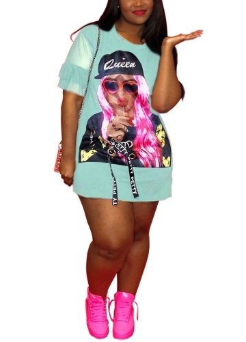 

Women Cartoon Print Dress Mesh Ruffled Sleeve Long T-shirt