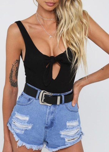

Women Sexy Bodysuit Tie-Front Backless Sleeveless Ribbed Bodycon Jumpsuit Rompers