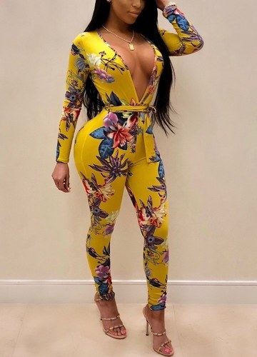 Women Bodycon Floral Jumpsuit Long Sleeve Sashes Bandage Rompers One Piece