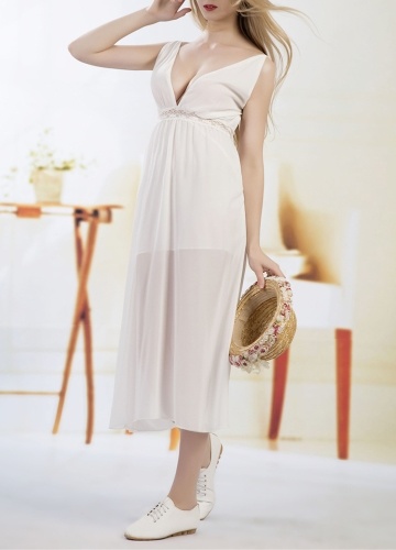 

Women Chiffon Sleeveless Dress Hollow Out Backless Beach Midi Dress
