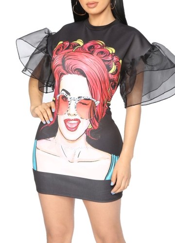 

Женские оборки Платье с флеш-сеткой Половинные рукава Версия для печати