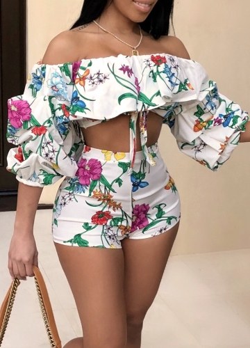 

Women Floral Two-Piece Set Ruffles High Waist Crop Top Pants Nightclub Party Suit