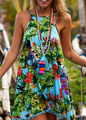

Women Floral Mini Dress Sleeveless Backless Irregular Hem Strappy Beach Wear Sundress
