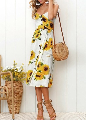 

Women Skater Dress Floral Spaghetti Straps Sleeveless Buttons A-Line Midi Dress
